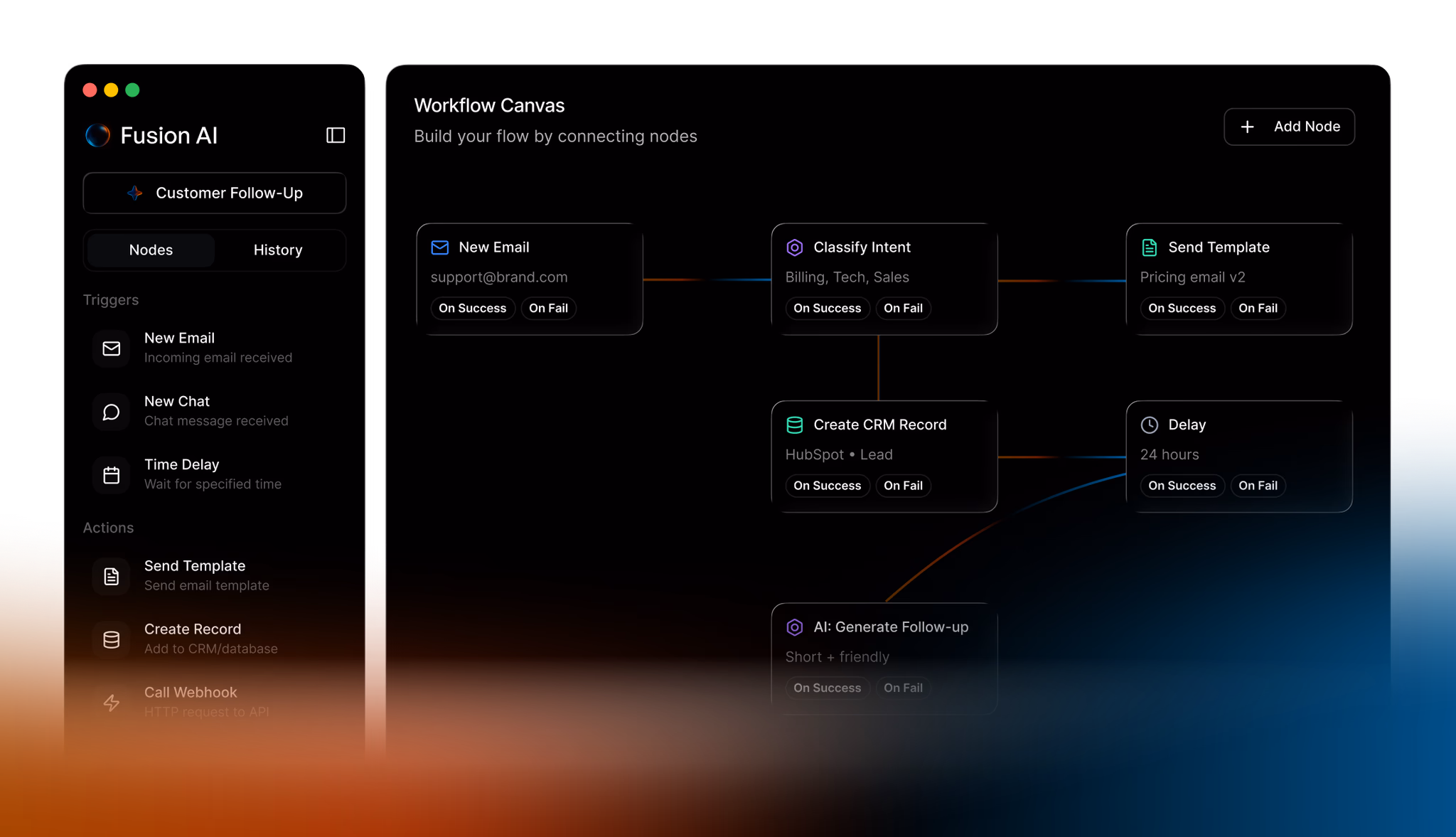 A visual multi-step workflow in Fusion AI
